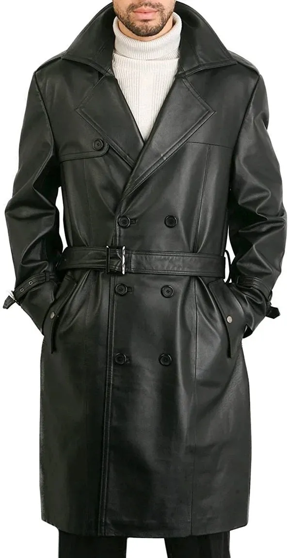 Men’s Double Breasted Black Lambskin Leather Trench Coat MC22