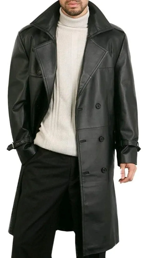 Men’s Double Breasted Black Lambskin Leather Trench Coat MC22