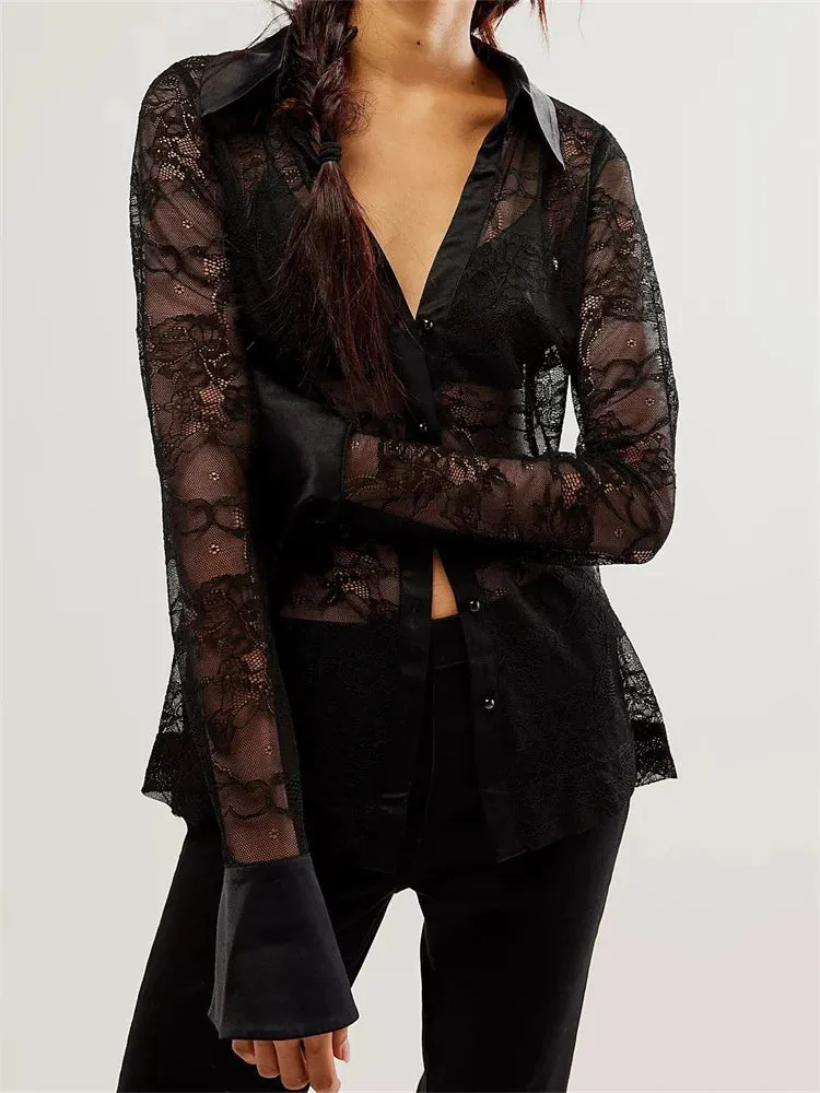 Mesh Lace Patchwork Turn-Down Collar Long Sleeve Casual Blouse for Women