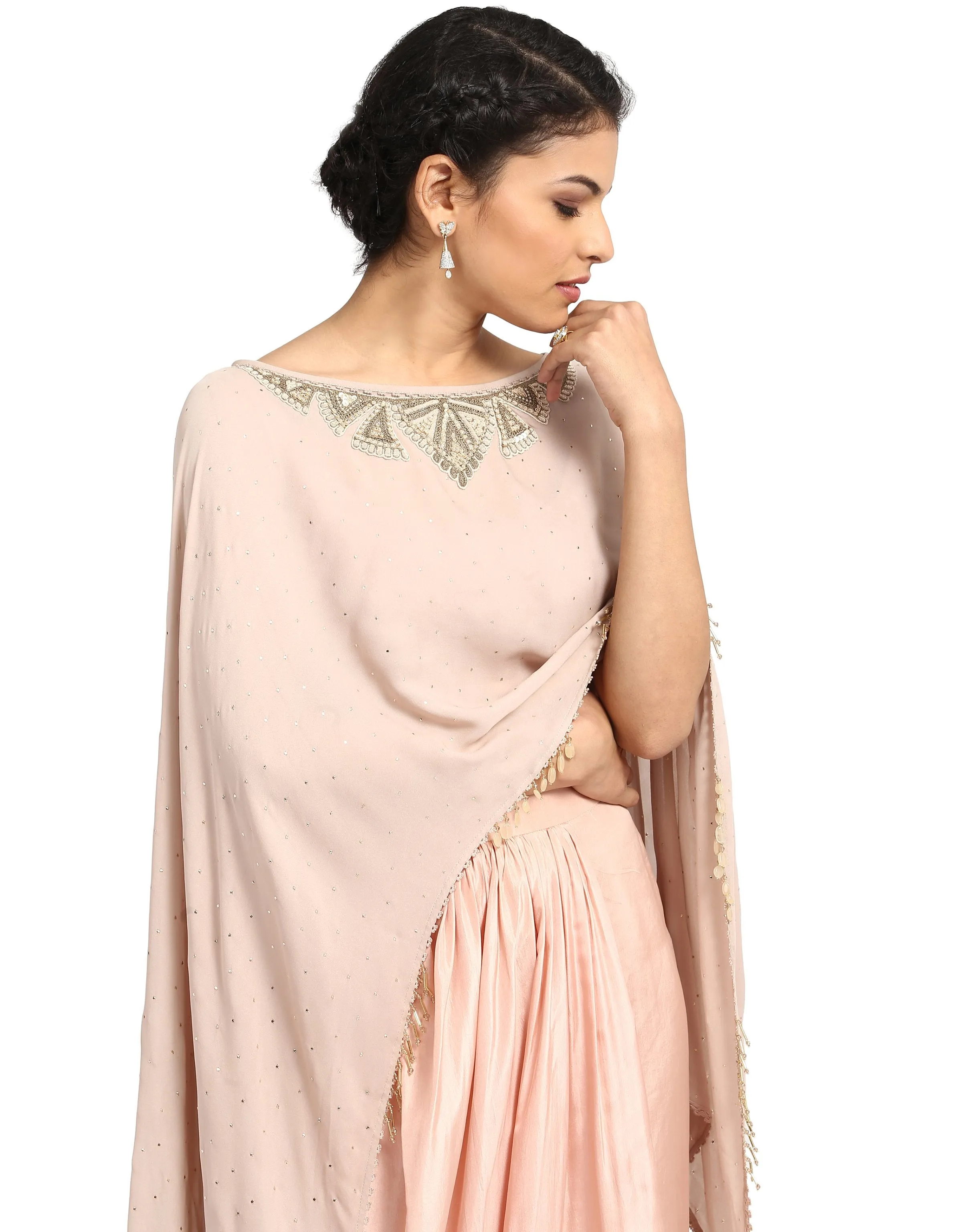 Mukaish Embroidered Cape- Peach