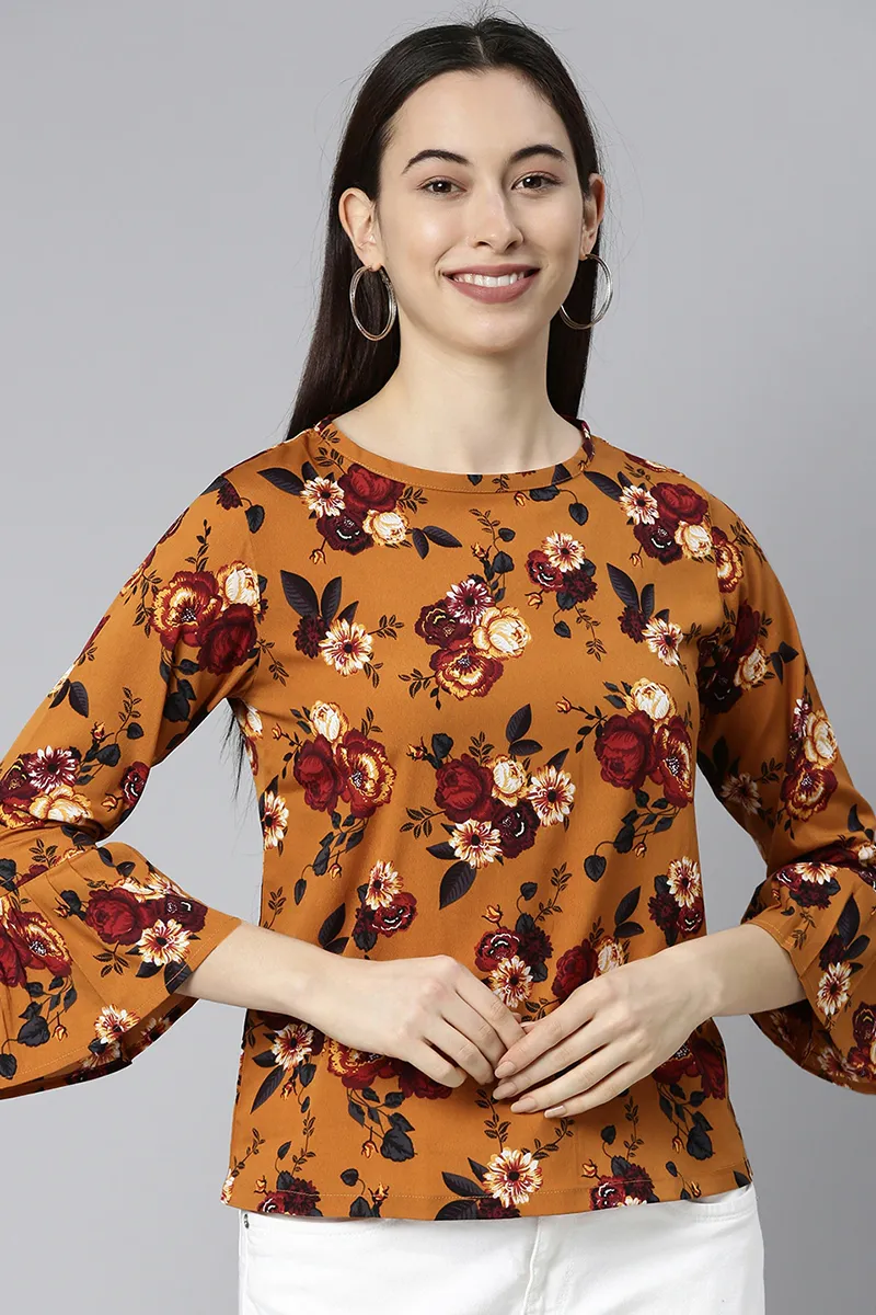 Mustard Georgette Floral Print Regular Top