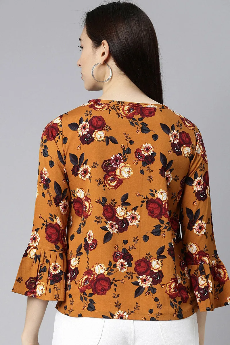 Mustard Georgette Floral Print Regular Top