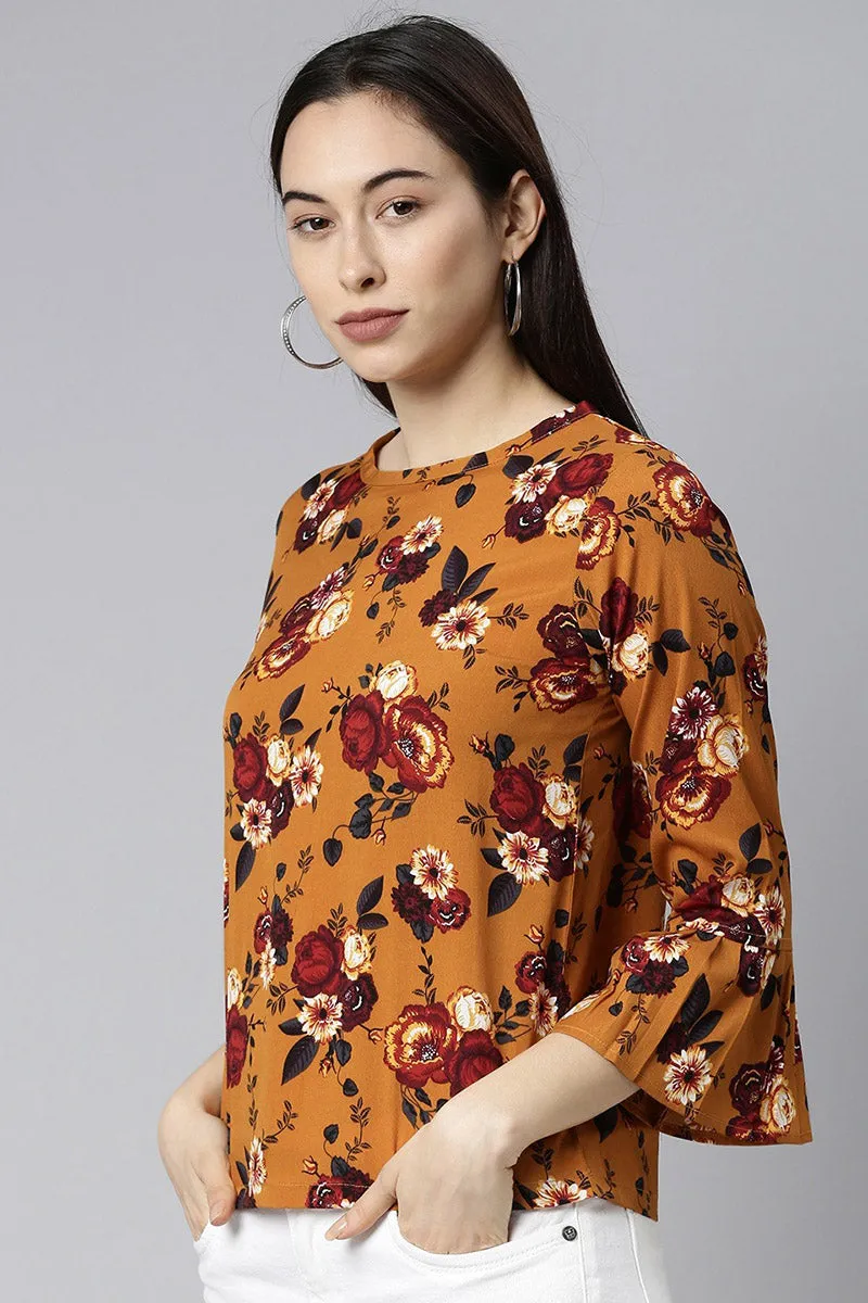 Mustard Georgette Floral Print Regular Top