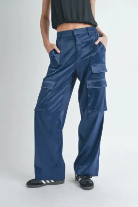 Navy Satin Cargo Pants