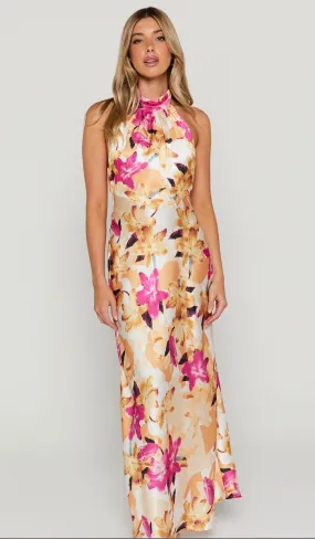 NEW STUNNING CYRA MIDI DRESS - HALTER NECK SATIN BIAS DRESS IN PINK FLORAL SZ M! RETAILS $110 