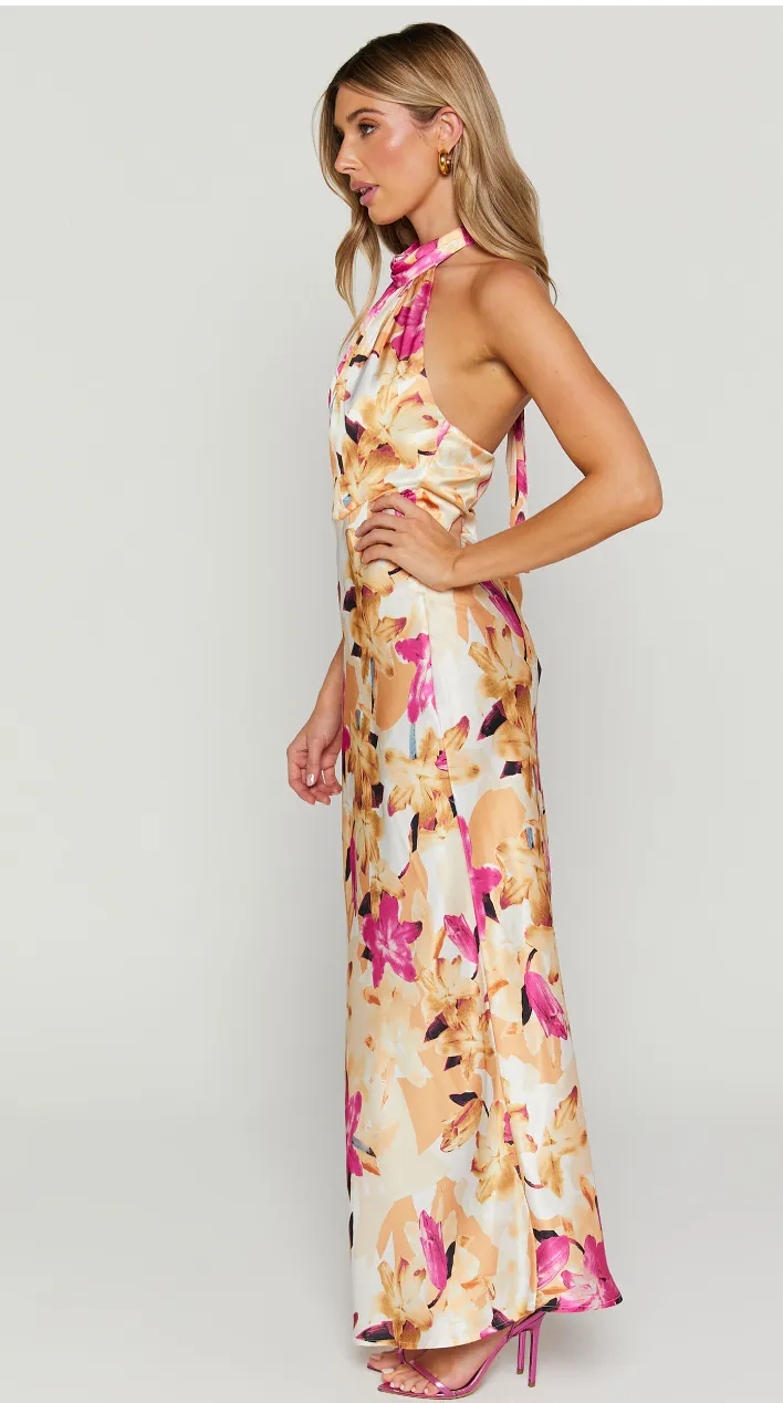 NEW STUNNING CYRA MIDI DRESS - HALTER NECK SATIN BIAS DRESS IN PINK FLORAL SZ M! RETAILS $110 