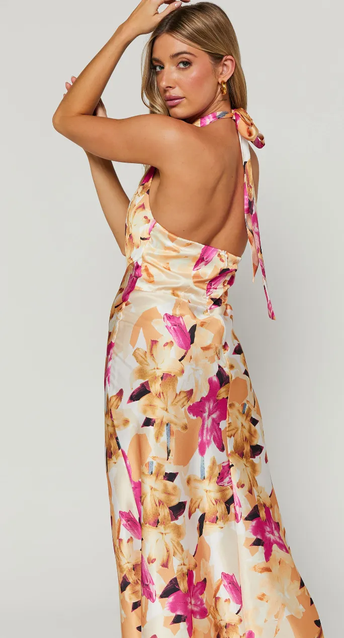 NEW STUNNING CYRA MIDI DRESS - HALTER NECK SATIN BIAS DRESS IN PINK FLORAL SZ M! RETAILS $110 