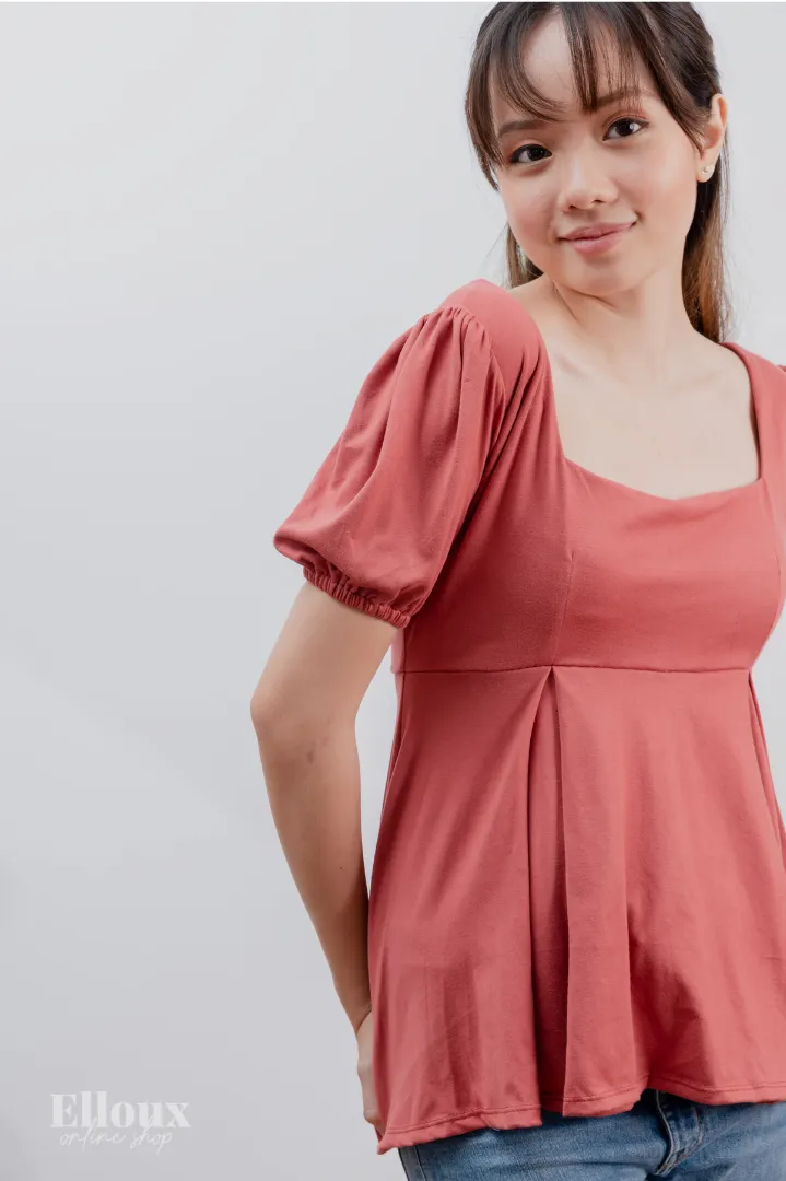 Old Rose Square Neck Puffed Sleeves Top