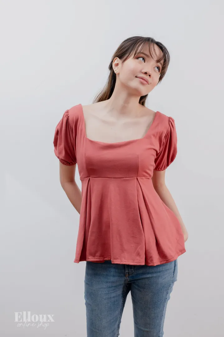 Old Rose Square Neck Puffed Sleeves Top