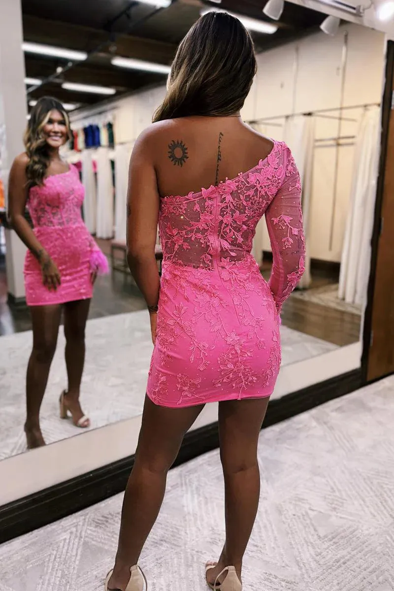 One Shoulder Hot Pink Appliques Tight Short Dress