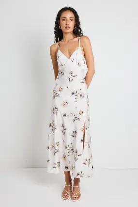 Otherworldly Champagne Floral Satin Bias Slip Midi Dress