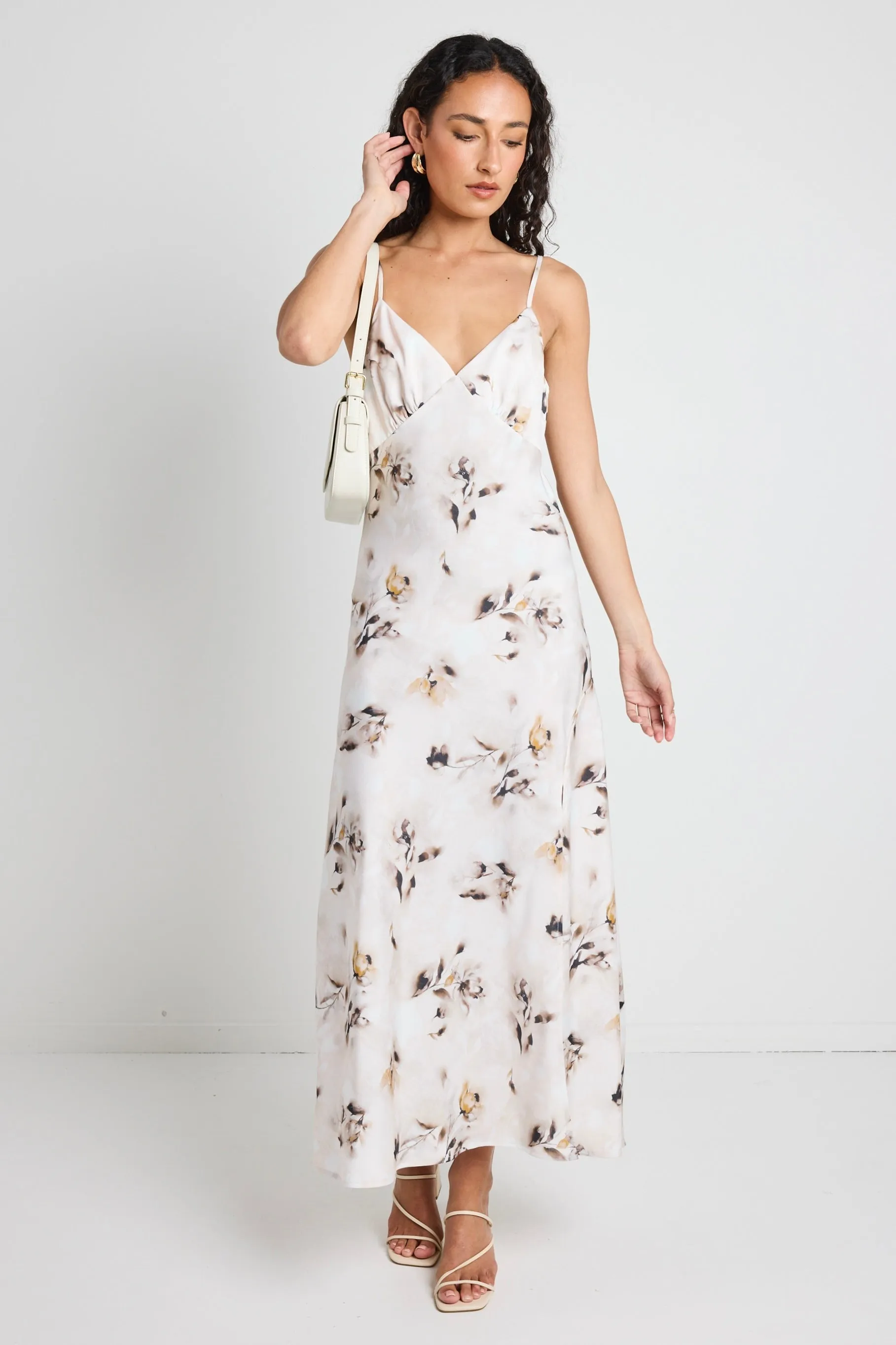 Otherworldly Champagne Floral Satin Bias Slip Midi Dress