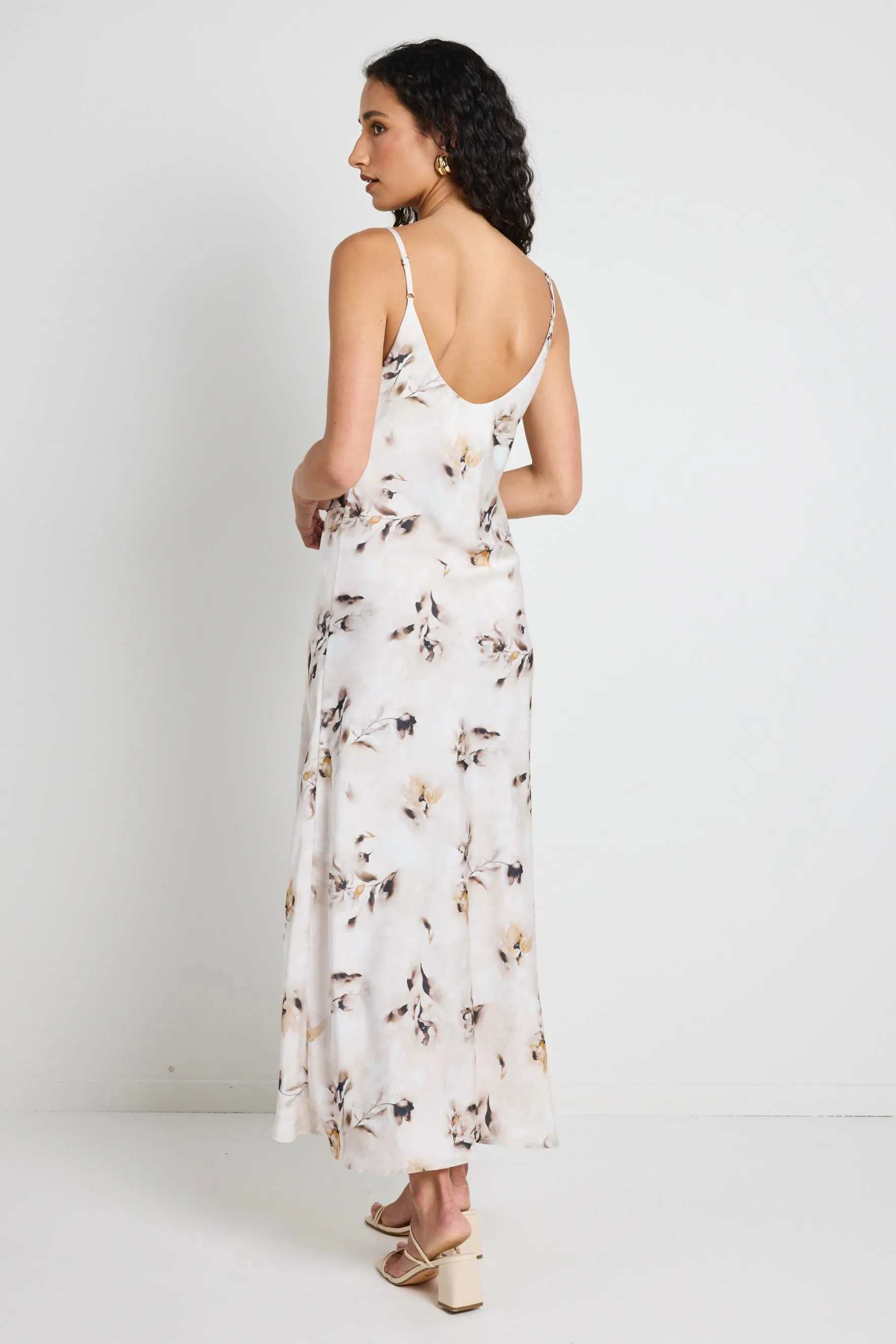 Otherworldly Champagne Floral Satin Bias Slip Midi Dress