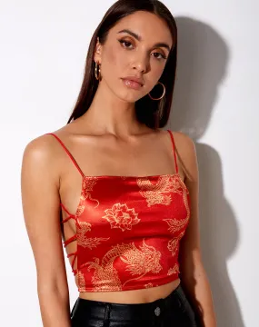 Ozka Crop Top in Dragon Flower Red and Gold