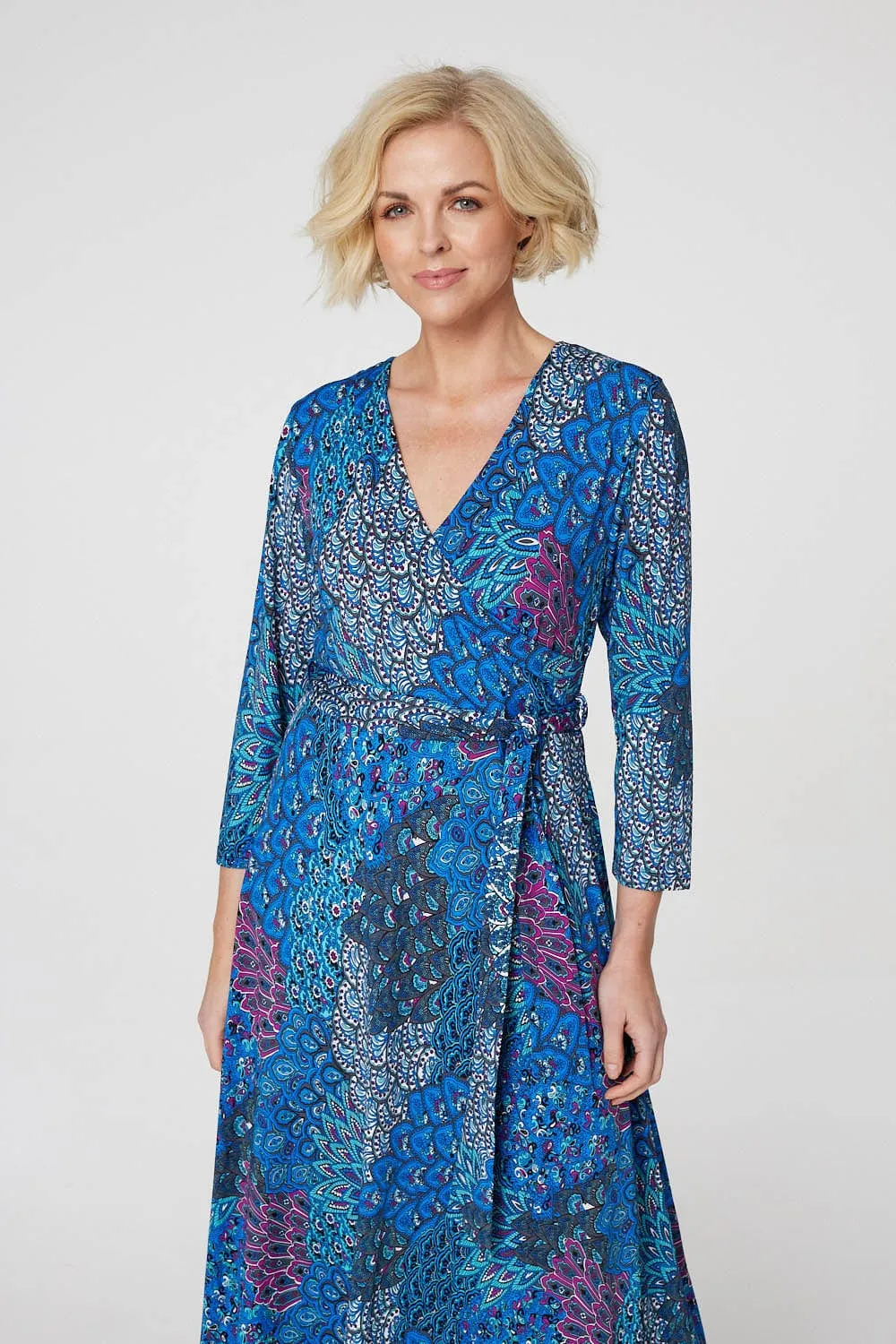 Peacock Print Wrap Maxi Dress