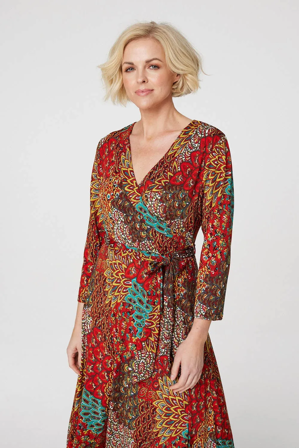 Peacock Print Wrap Maxi Dress