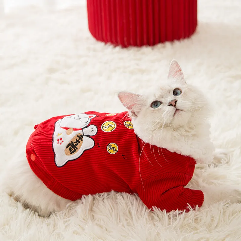 Pet Clothes Cat Clothing Thickened Warm Red Autumn and Winter Clothing