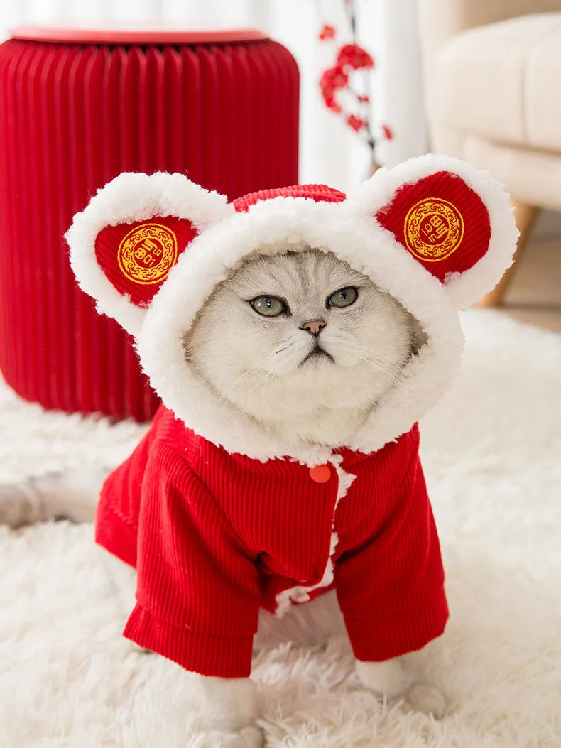 Pet Clothes Cat Clothing Thickened Warm Red Autumn and Winter Clothing