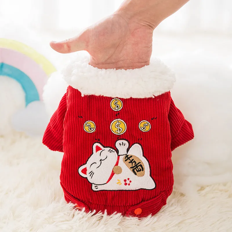 Pet Clothes Cat Clothing Thickened Warm Red Autumn and Winter Clothing