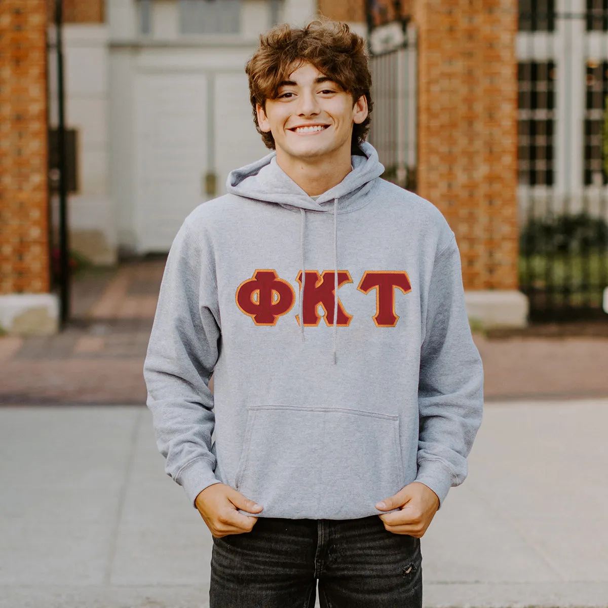 Phi Tau Heather Gray Hoodie with Sewn On Letters