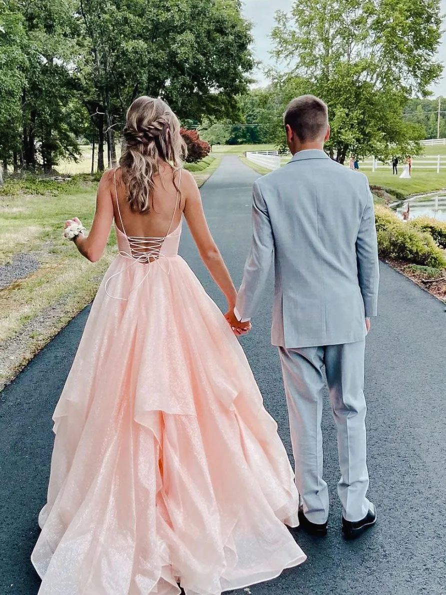 Pink Long Prom Dress, Pink V Neck Tulle Formal Graduation Dresses