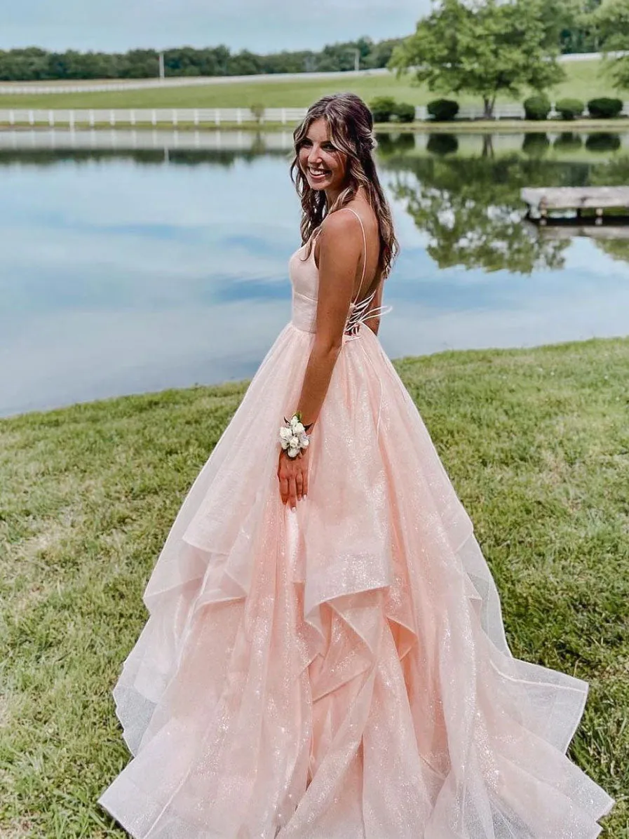 Pink Long Prom Dress, Pink V Neck Tulle Formal Graduation Dresses