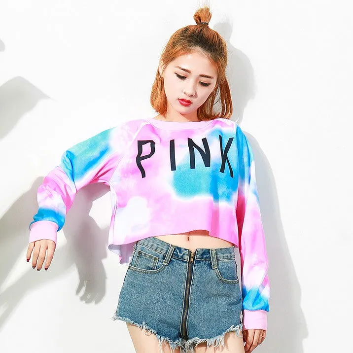 Pink Print Harajuku Style Crop Top Long Sleeve