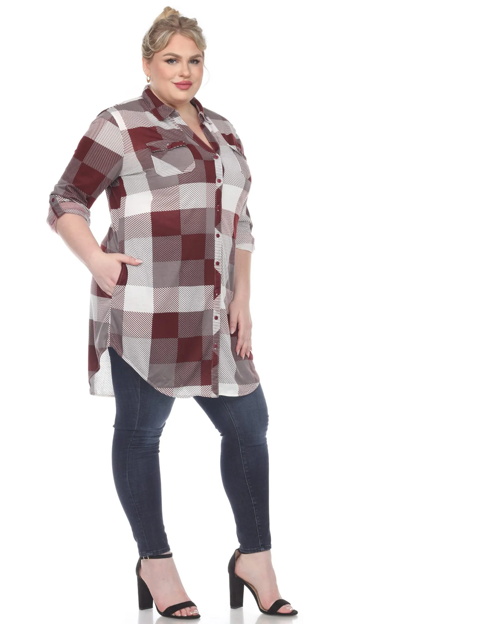 Plaid Button Down Tunic Shirt | Burgundy White