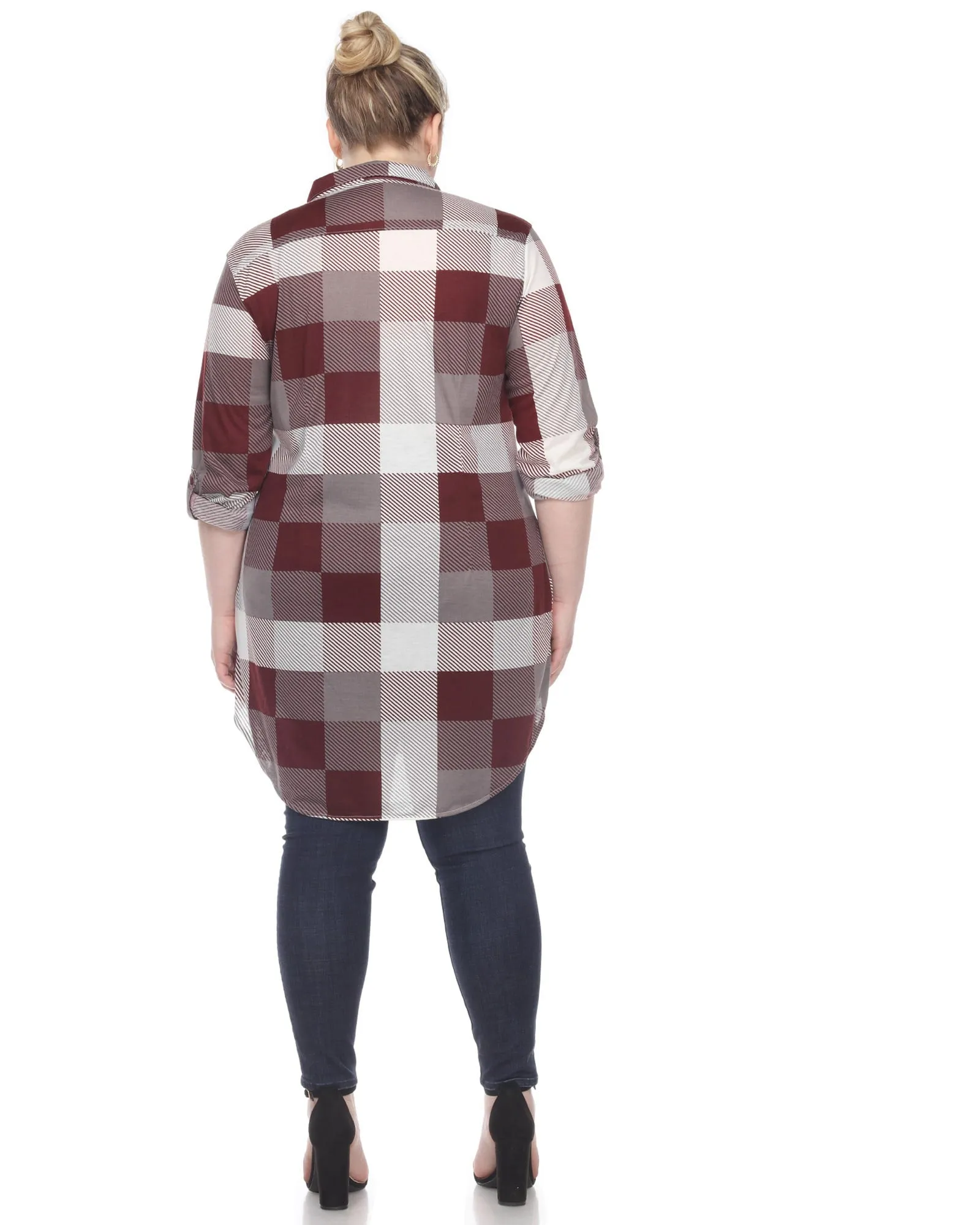 Plaid Button Down Tunic Shirt | Burgundy White