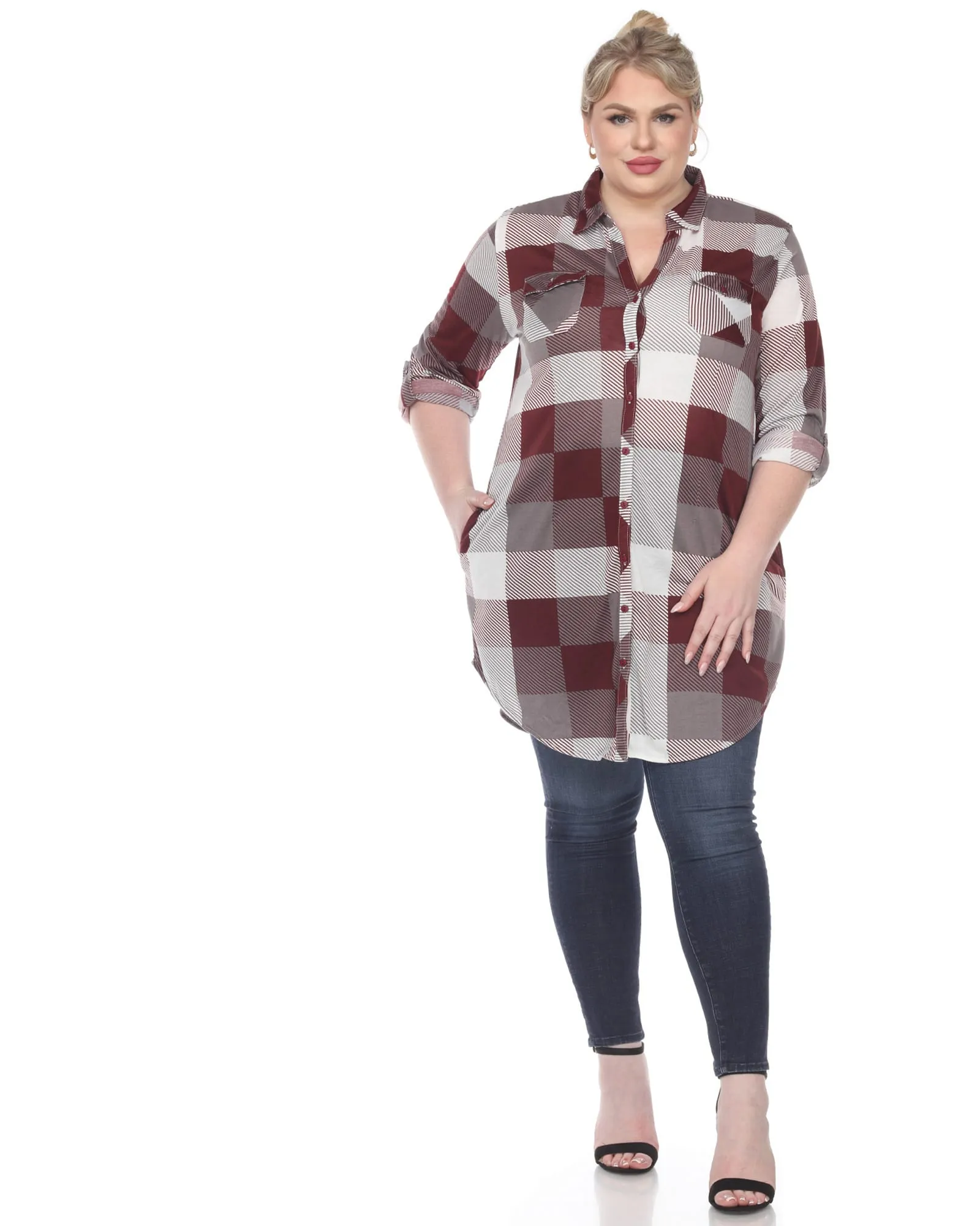 Plaid Button Down Tunic Shirt | Burgundy White