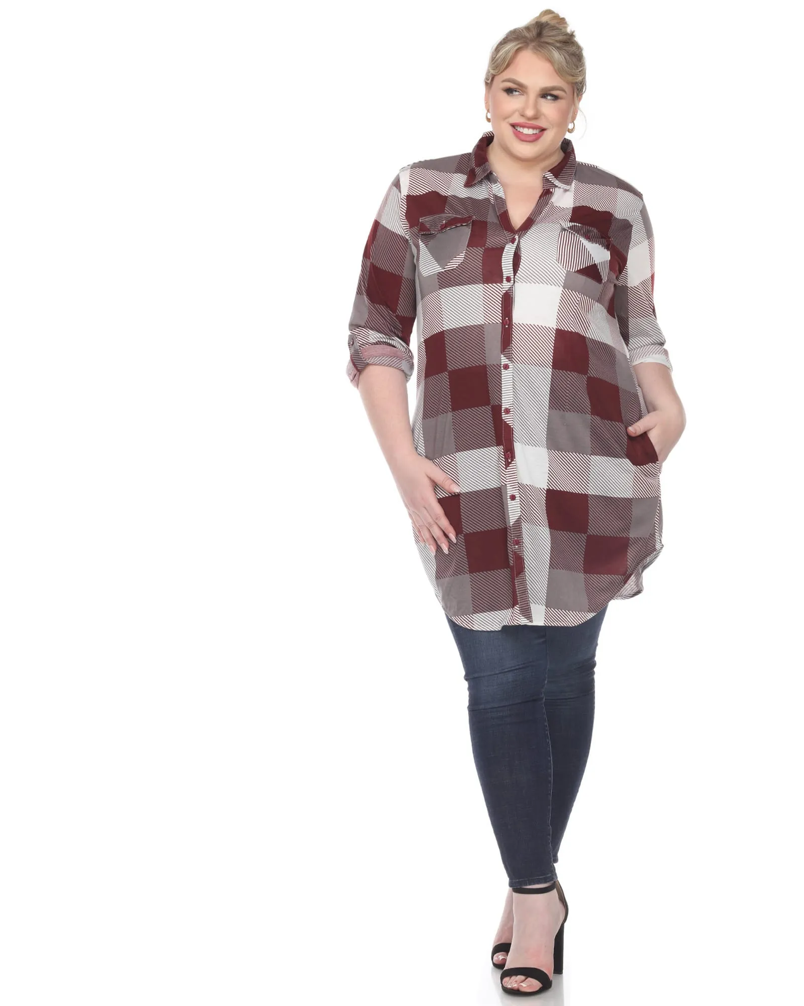 Plaid Button Down Tunic Shirt | Burgundy White