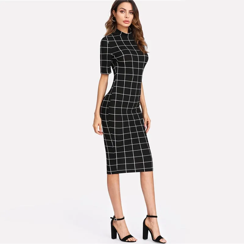 Plaid Pencil Dress Stand Collar Short Sleeve Midi Autumn Winter Women Ol Work Elegant Bodycon