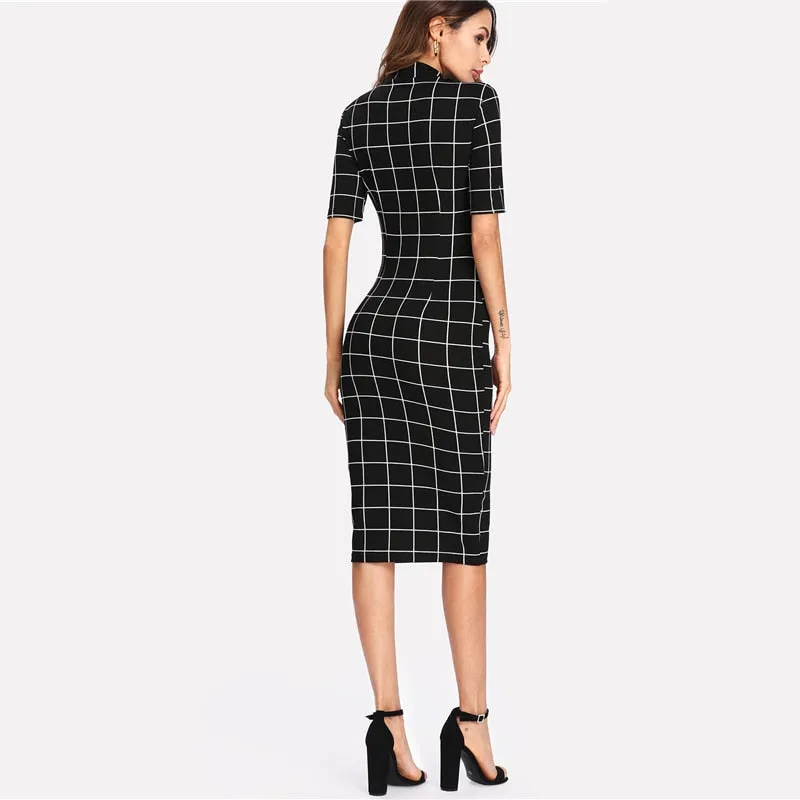 Plaid Pencil Dress Stand Collar Short Sleeve Midi Autumn Winter Women Ol Work Elegant Bodycon