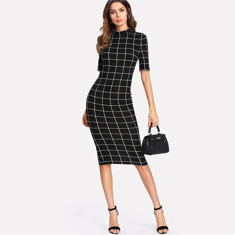 Plaid Pencil Dress Stand Collar Short Sleeve Midi Autumn Winter Women Ol Work Elegant Bodycon