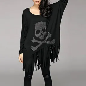 Plus Size Batwing Sleeve Skull Printed Tassel Cotton Long Sleeve