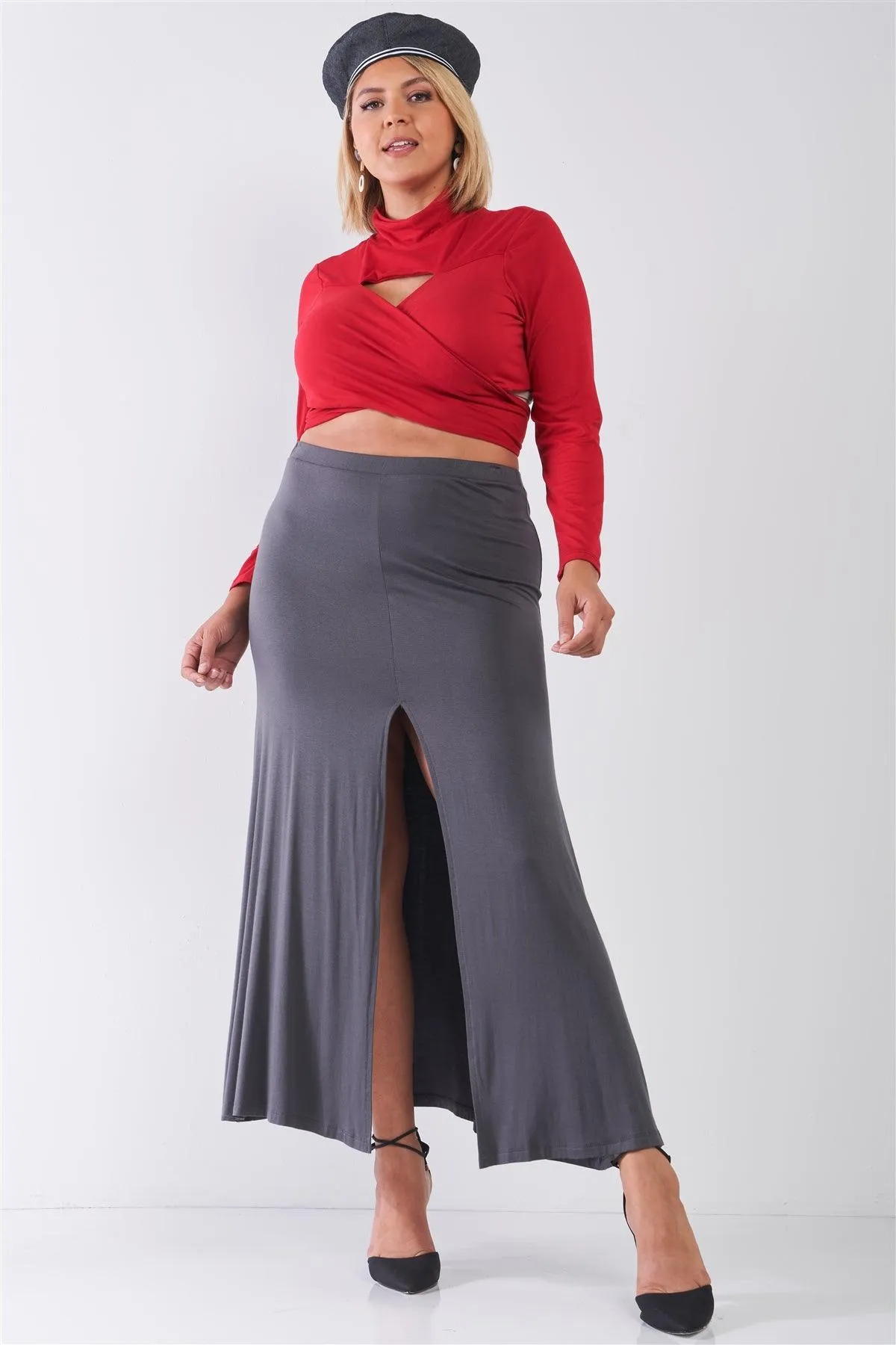 Plus Size Charcoal Basic Front Slit Maxi Skirt