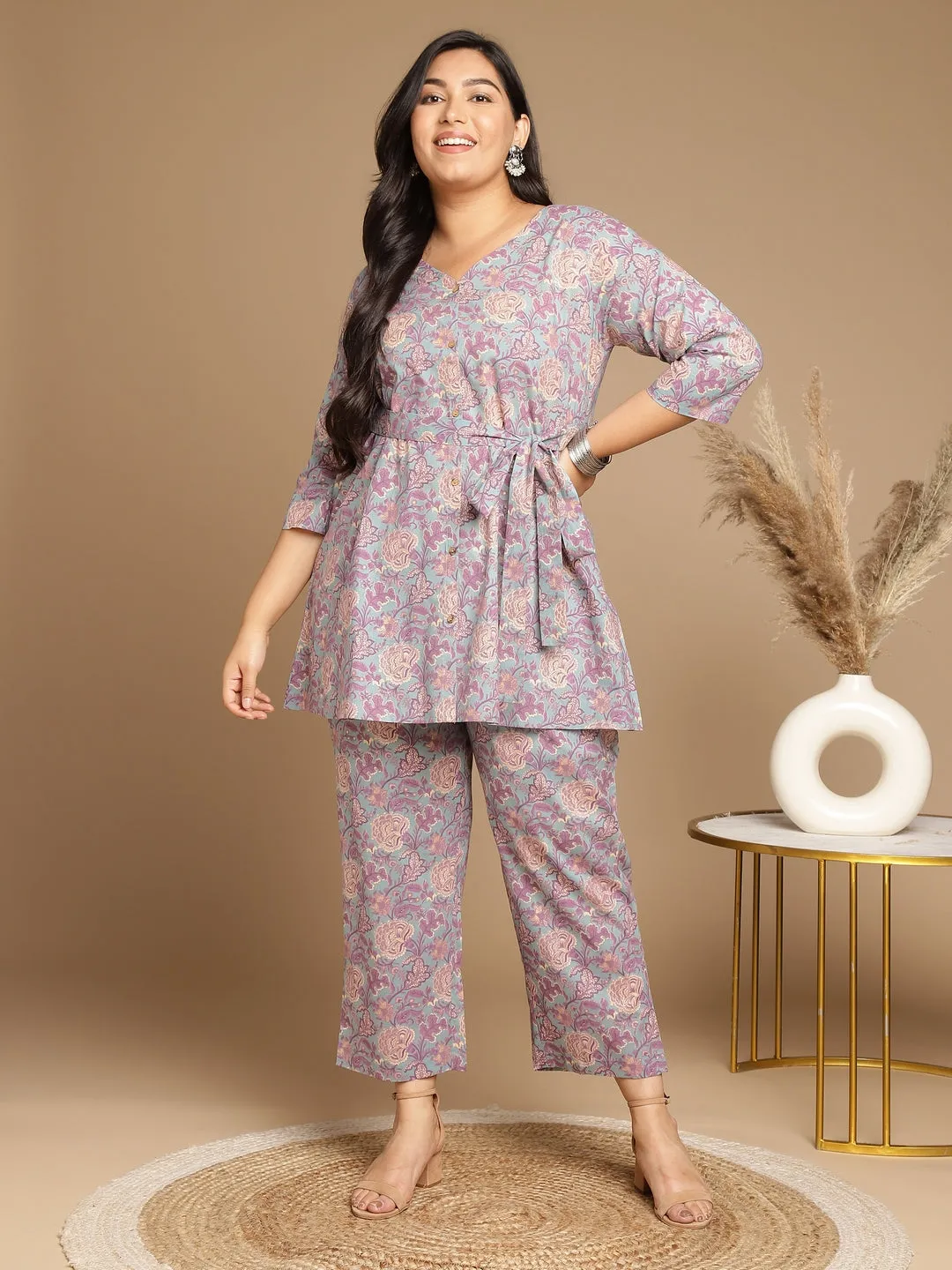 Plus Size Light Blue Cotton Floral A-Line Co-ord Set