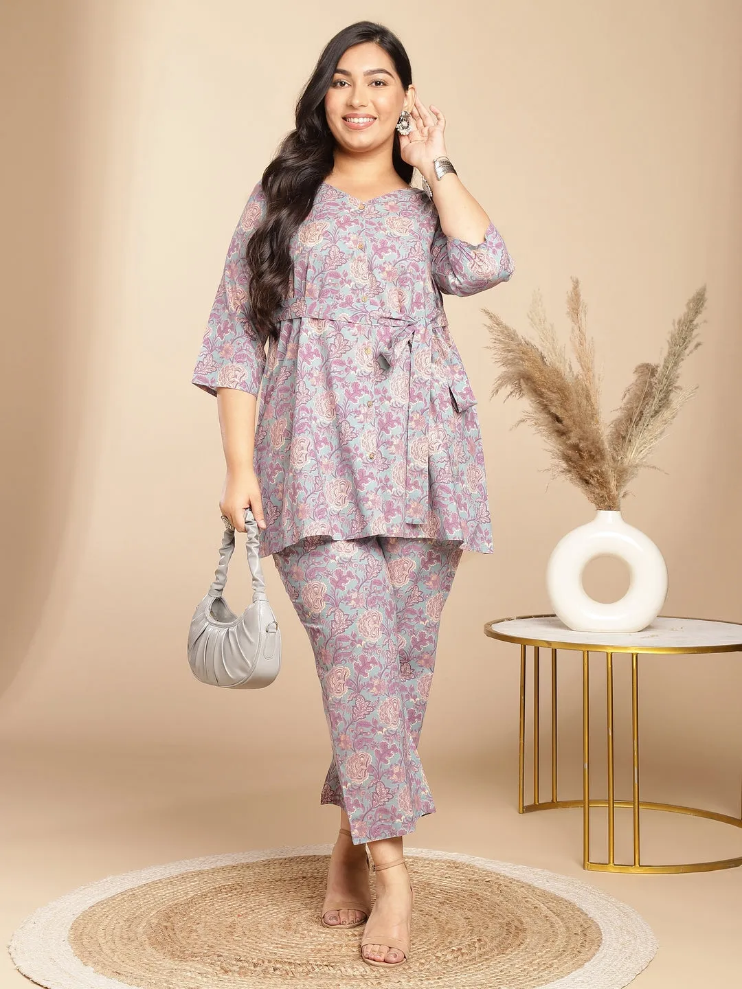 Plus Size Light Blue Cotton Floral A-Line Co-ord Set