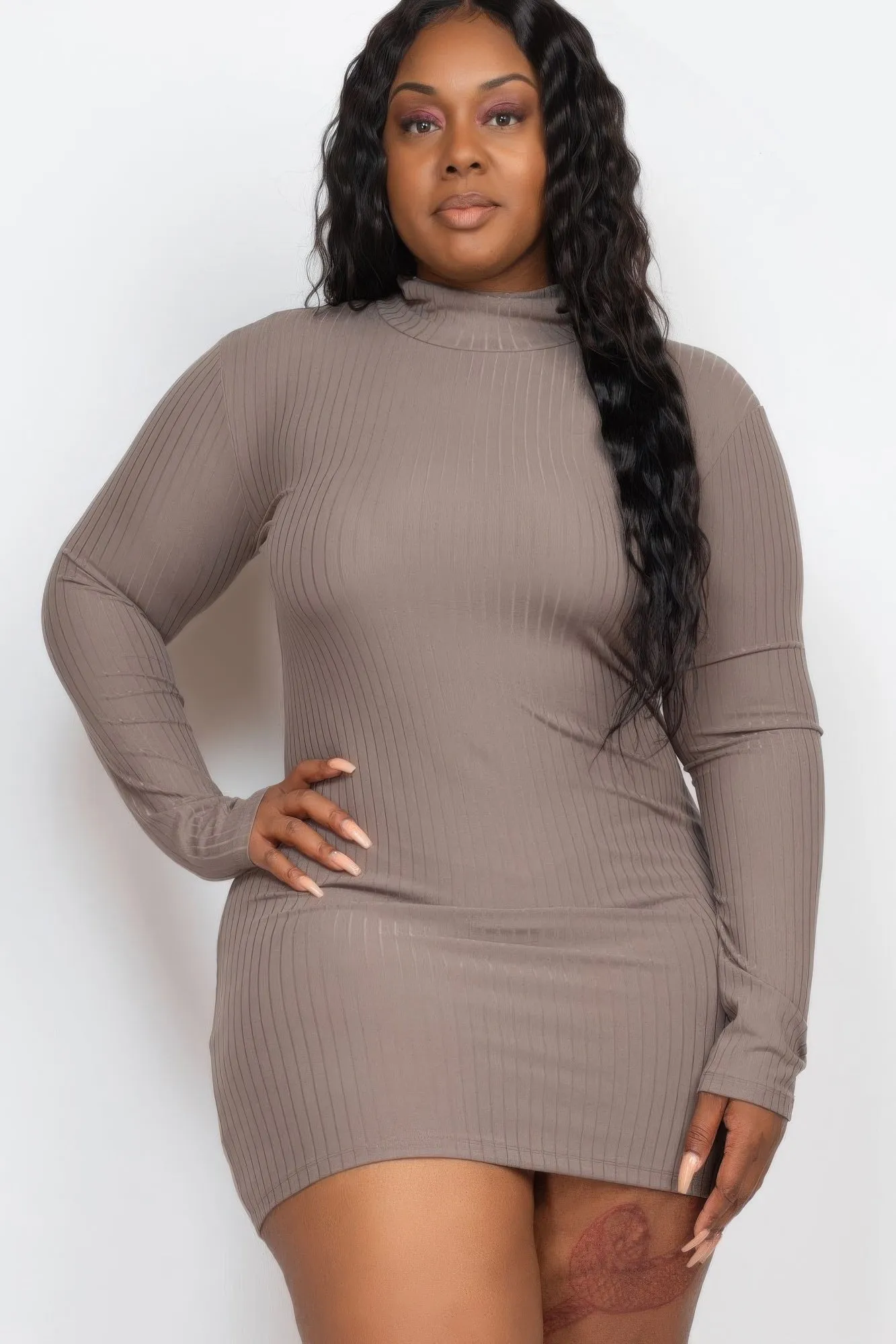 Plus Size Ribbed Long Sleeve Mock Neck Mini Bodycon Dress