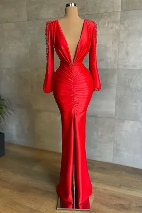 Red Bodycon Black Girl Prom Dress with Long Sleeves