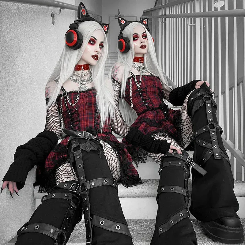 Red Plaid Street Goth Fairy Grunge Y2K Pleated Lace-up Tube Lolita Partywear Eyelet Strap Corset Gothic Dress