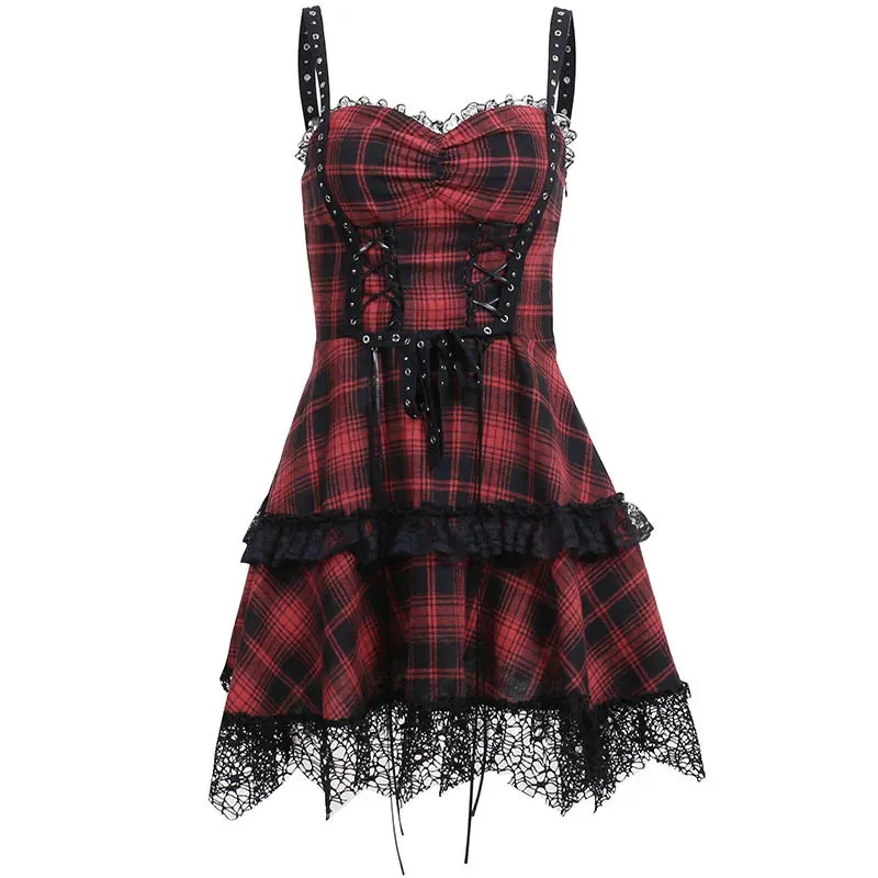 Red Plaid Street Goth Fairy Grunge Y2K Pleated Lace-up Tube Lolita Partywear Eyelet Strap Corset Gothic Dress