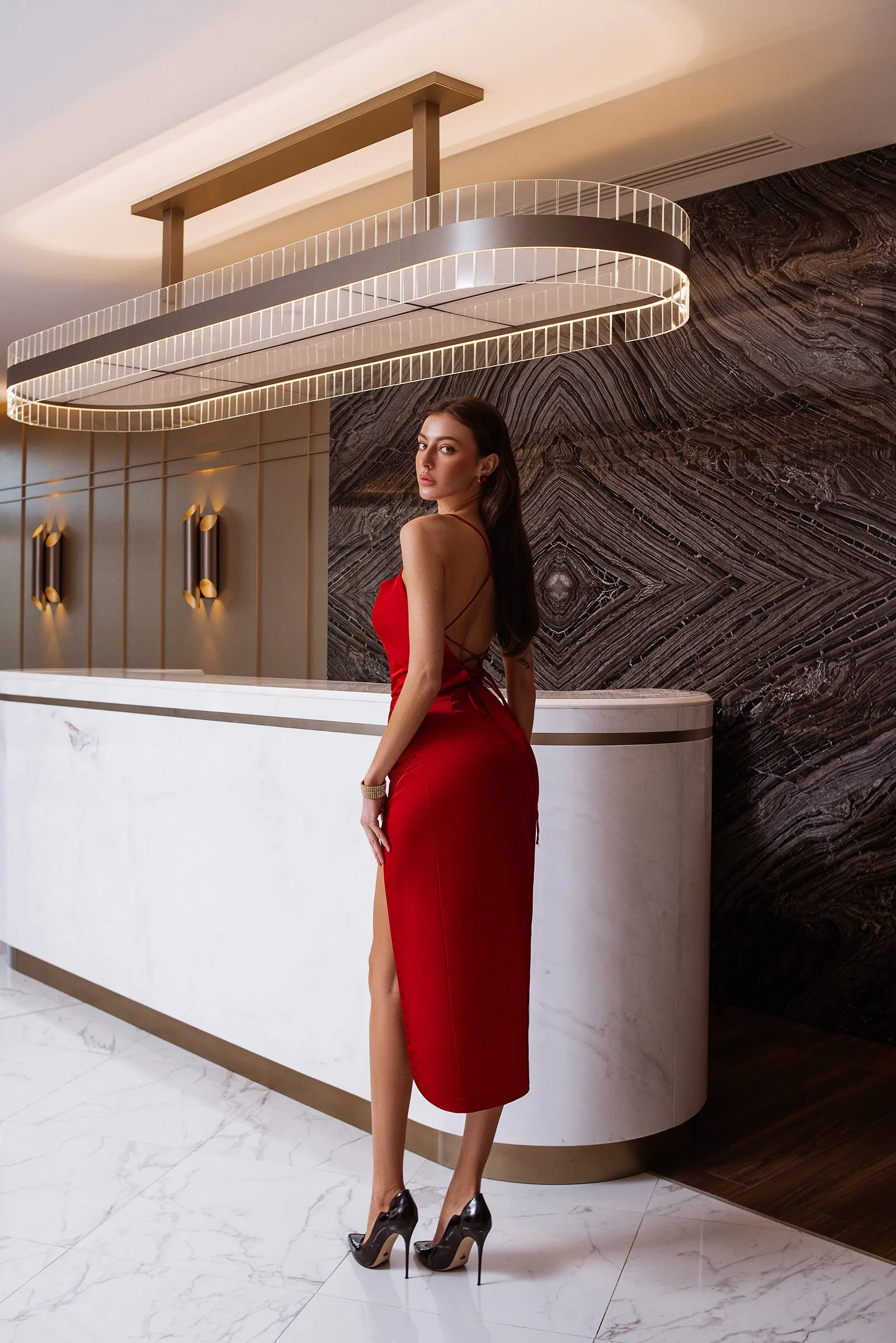 Red Satin Slip Midi Dress