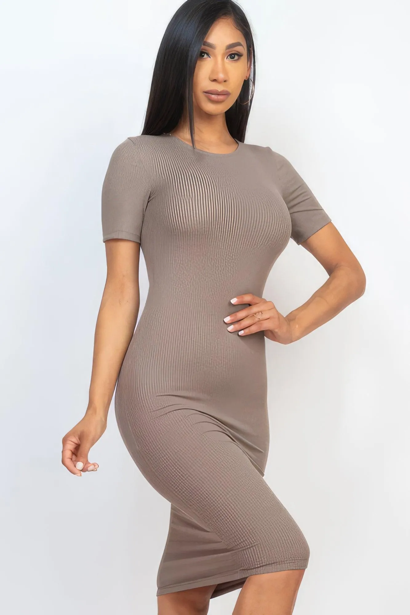 Ribbed Bodycon Midi Dress - Taupe