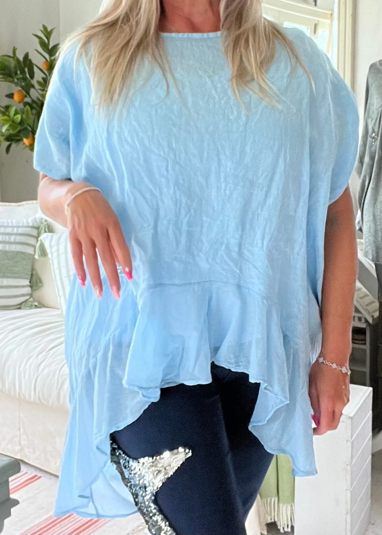 Rimini Silk Edge Oversized Top in Blue