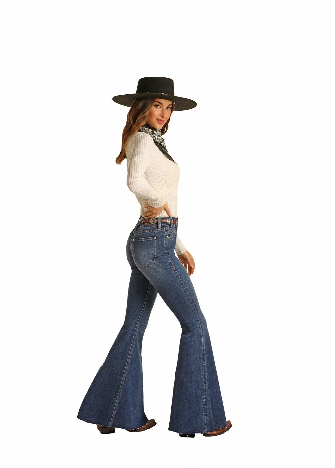 Rock & Roll Cowgirl High Rise Extra Stretch Bell Bottom Jeans WHB1670