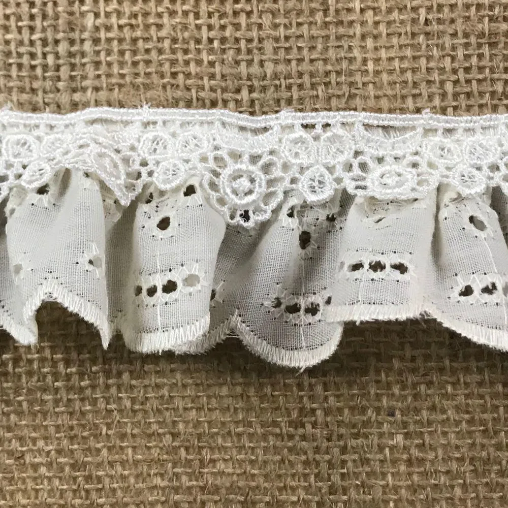 Ruffled Eyelet Venise Trim Lace, 2" Wide, Ivory, for Garment Decoration Curtain Towel Pillow etc.