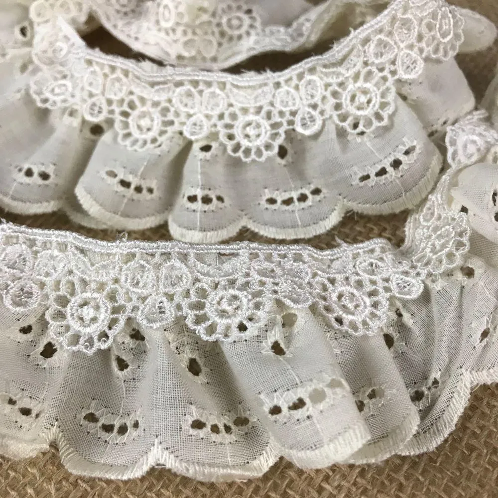 Ruffled Eyelet Venise Trim Lace, 2" Wide, Ivory, for Garment Decoration Curtain Towel Pillow etc.