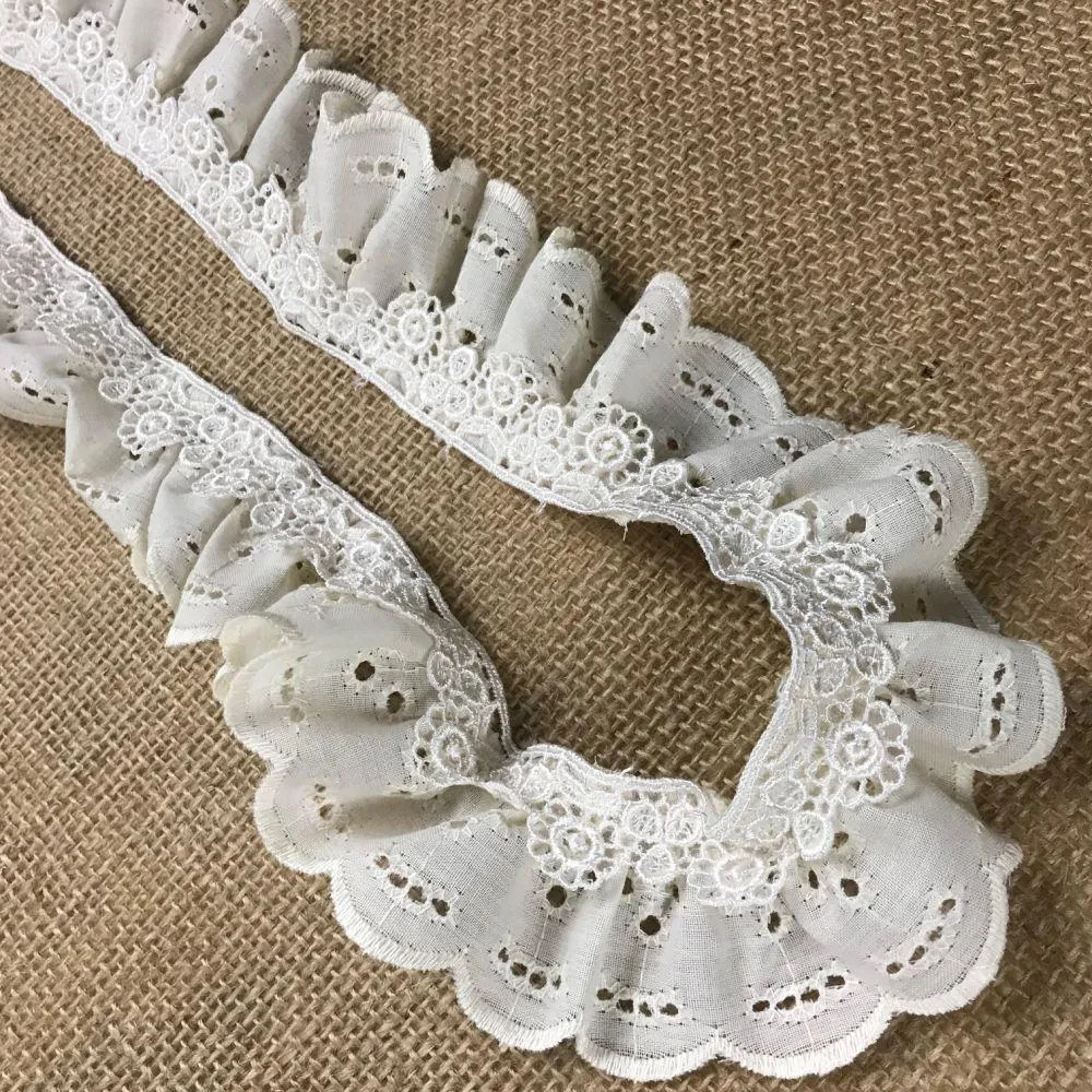 Ruffled Eyelet Venise Trim Lace, 2" Wide, Ivory, for Garment Decoration Curtain Towel Pillow etc.