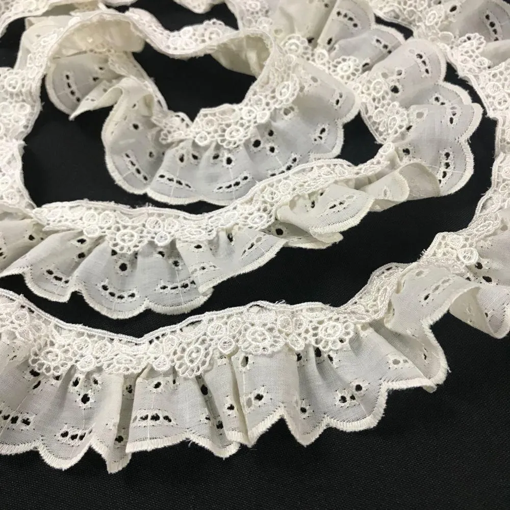 Ruffled Eyelet Venise Trim Lace, 2" Wide, Ivory, for Garment Decoration Curtain Towel Pillow etc.